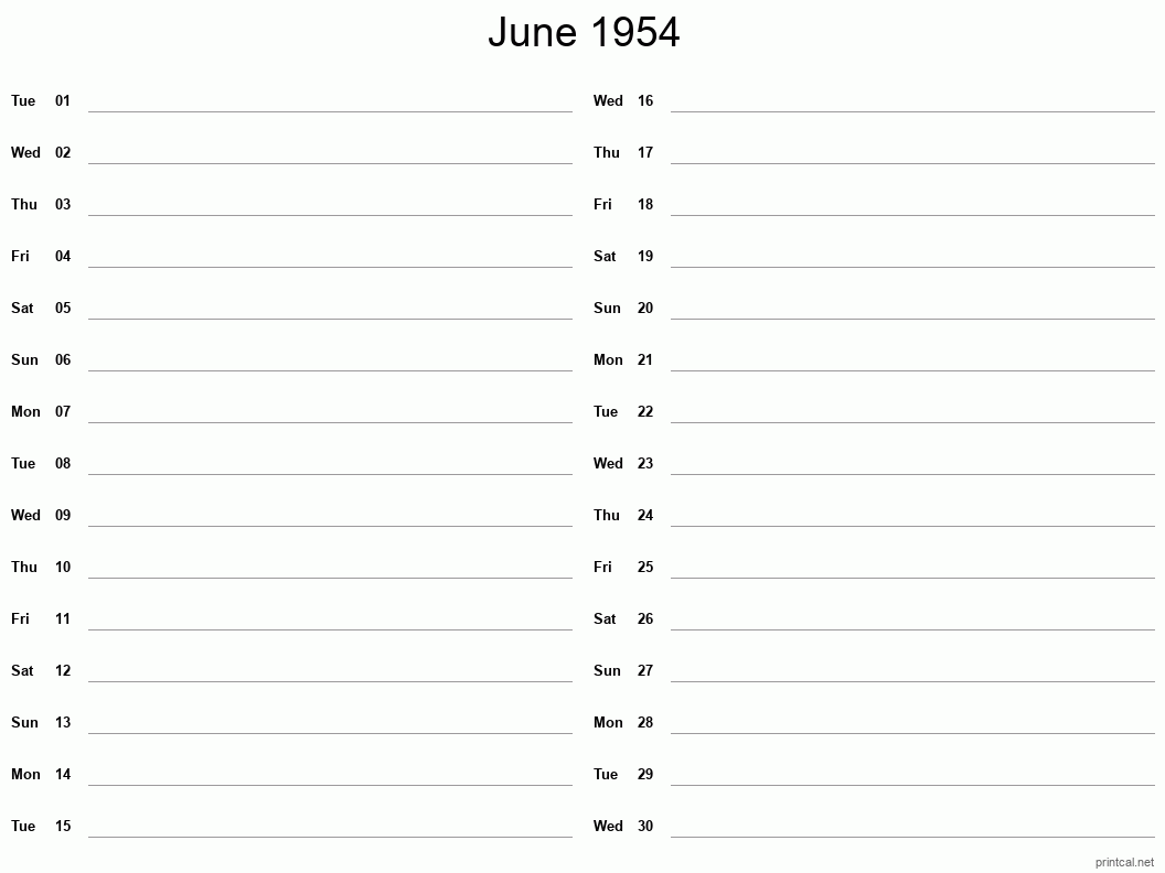 June 1954 Printable Calendar - Two Column Notesheet