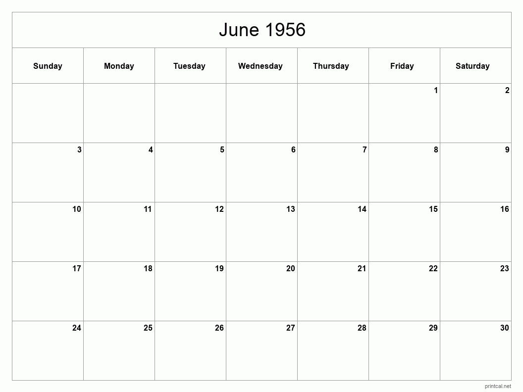 June 1956 Printable Calendar - Classic Blank Sheet