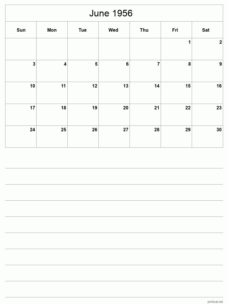 June 1956 Printable Calendar - Half-Page With Notesheet