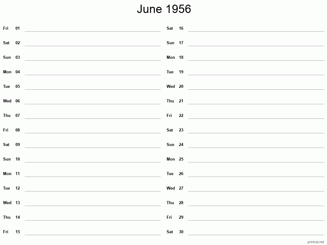 June 1956 Printable Calendar - Two Column Notesheet