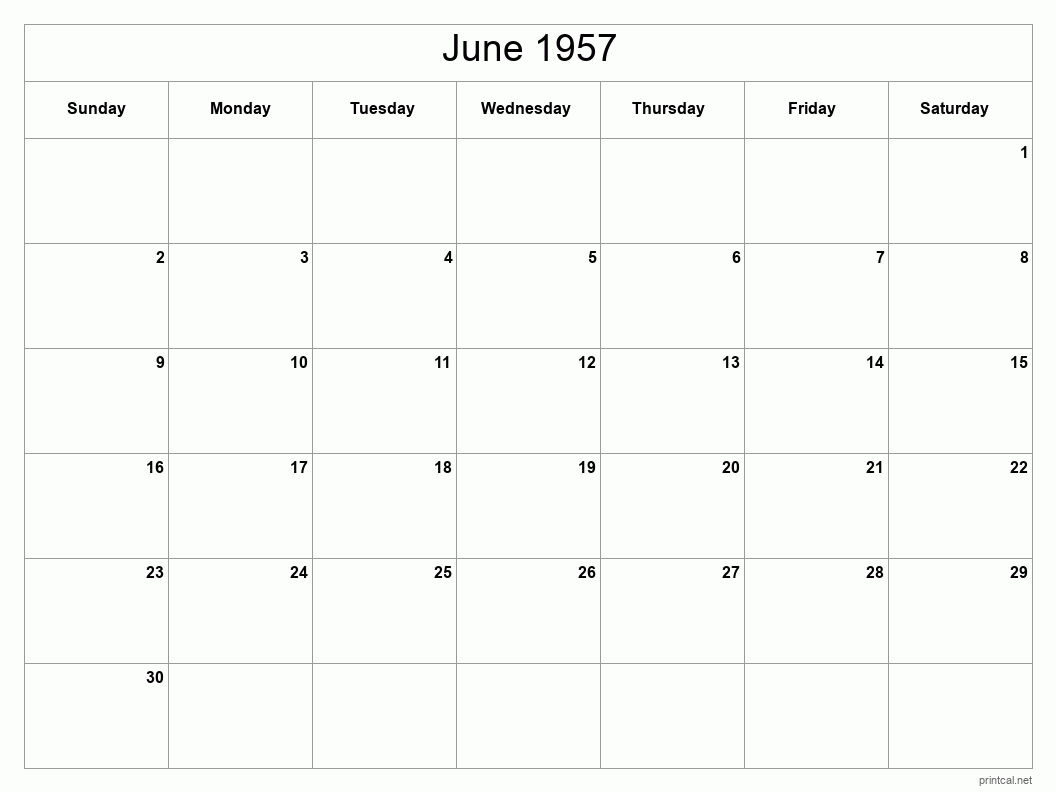 June 1957 Printable Calendar - Classic Blank Sheet