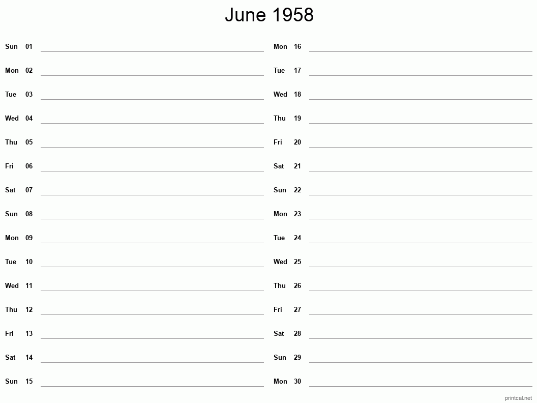 June 1958 Printable Calendar - Two Column Notesheet