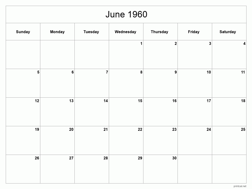 June 1960 Printable Calendar - Classic Blank Sheet