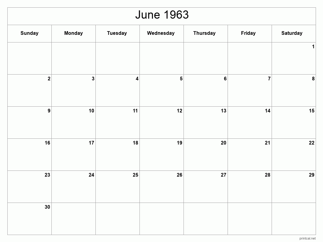 June 1963 Printable Calendar - Classic Blank Sheet