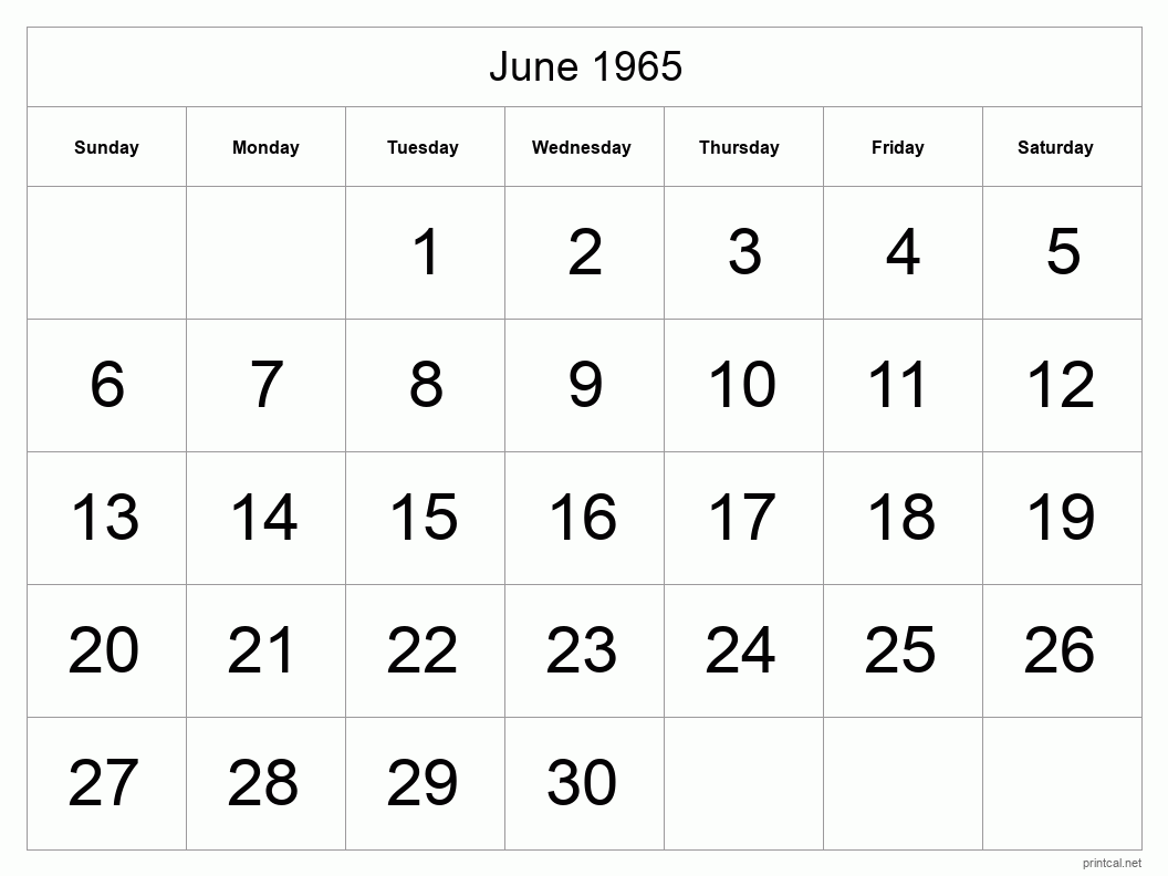 June 1965 Printable Calendar - Big Dates