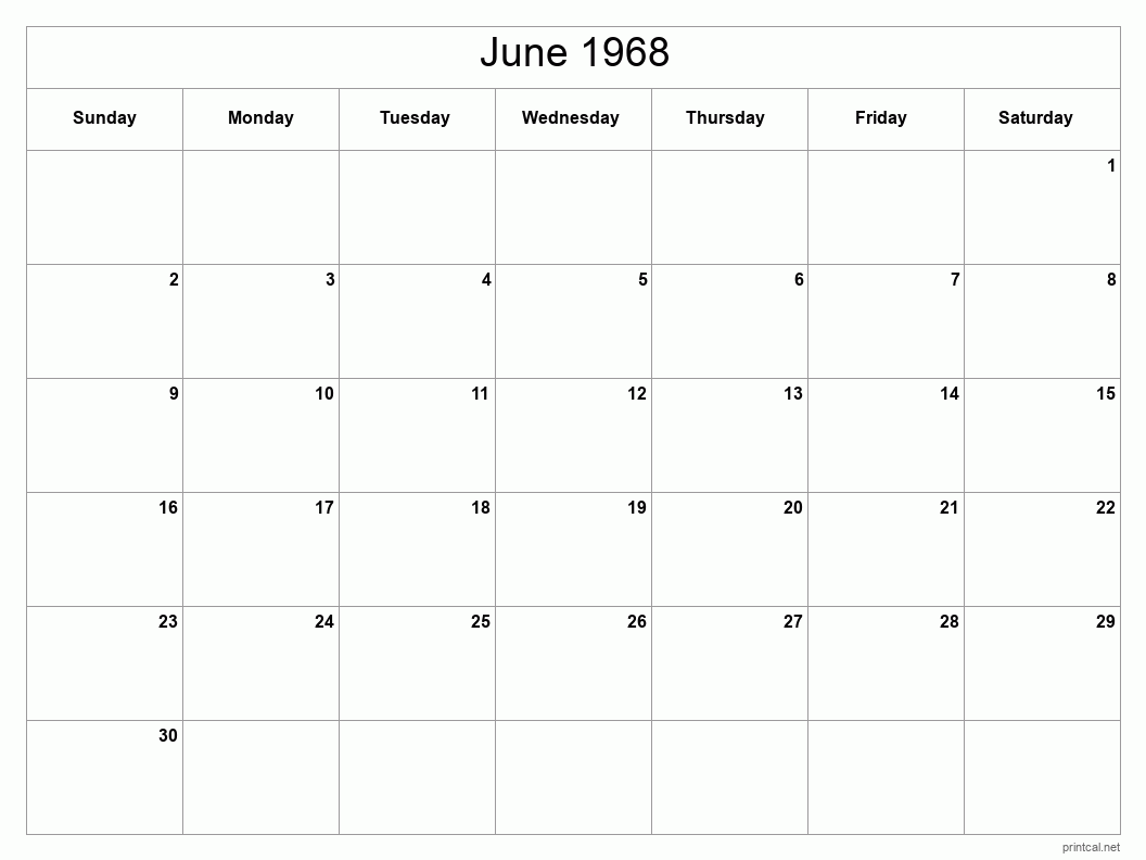 June 1968 Printable Calendar - Classic Blank Sheet