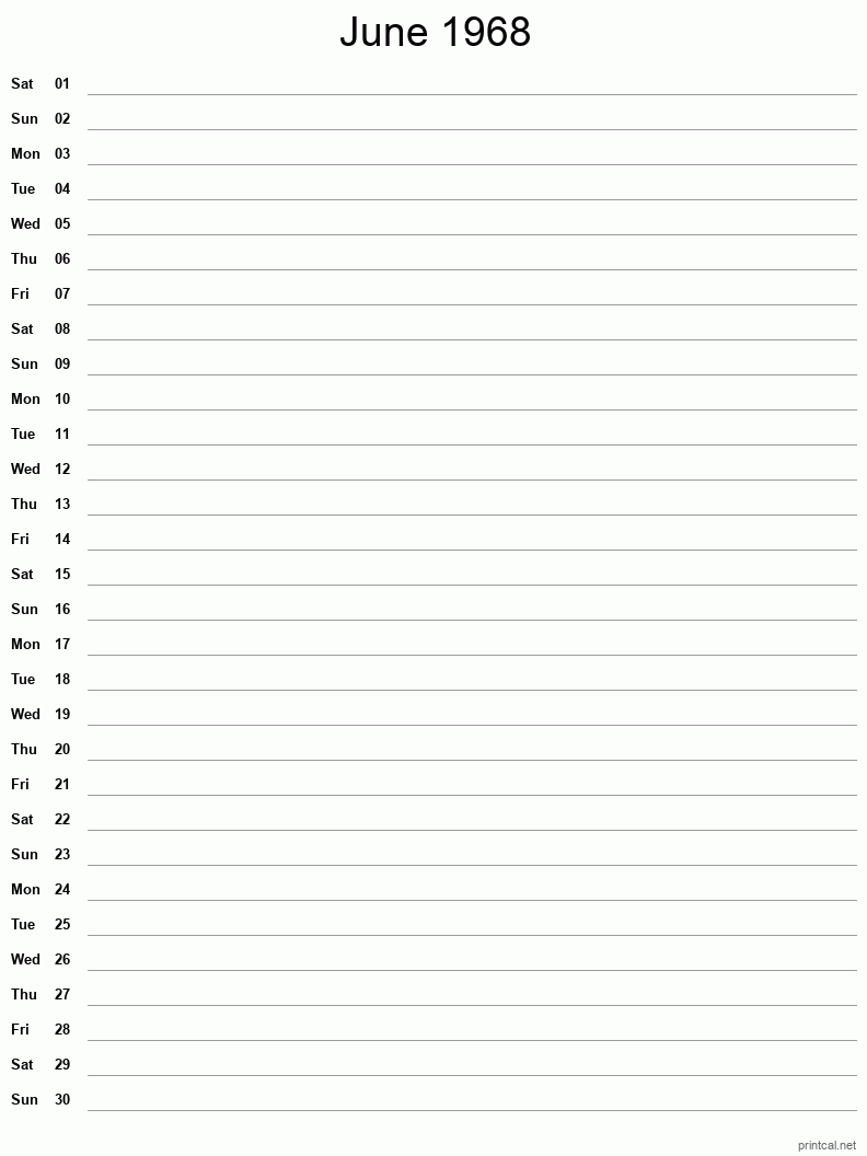 June 1968 Printable Calendar - Single Column Notesheet