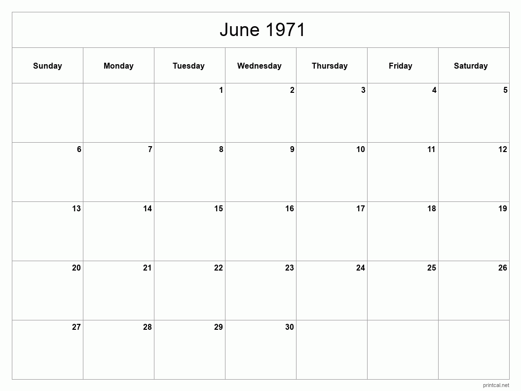 June 1971 Printable Calendar - Classic Blank Sheet