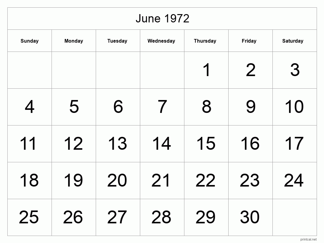 June 1972 Printable Calendar - Big Dates