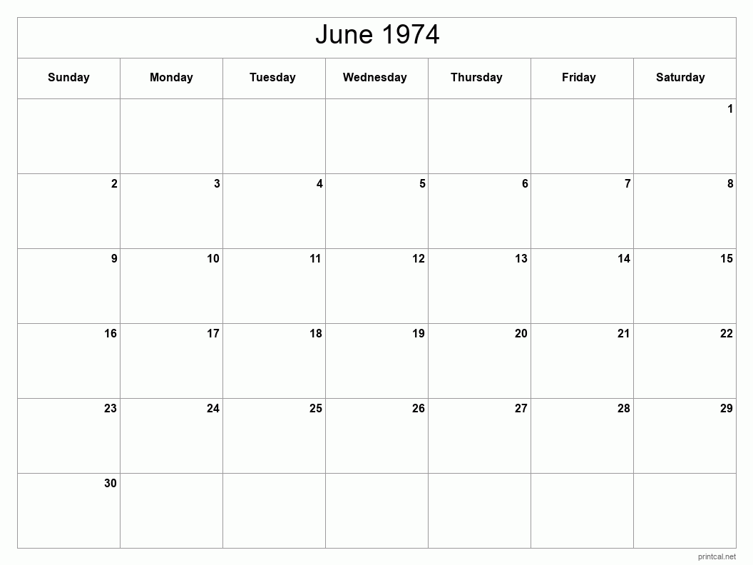 June 1974 Printable Calendar - Classic Blank Sheet