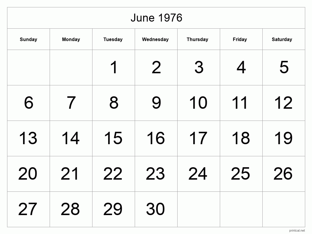 June 1976 Printable Calendar - Big Dates