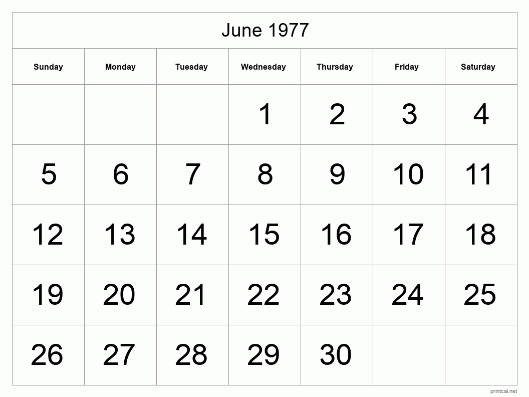 June 1977 Printable Calendar - Big Dates