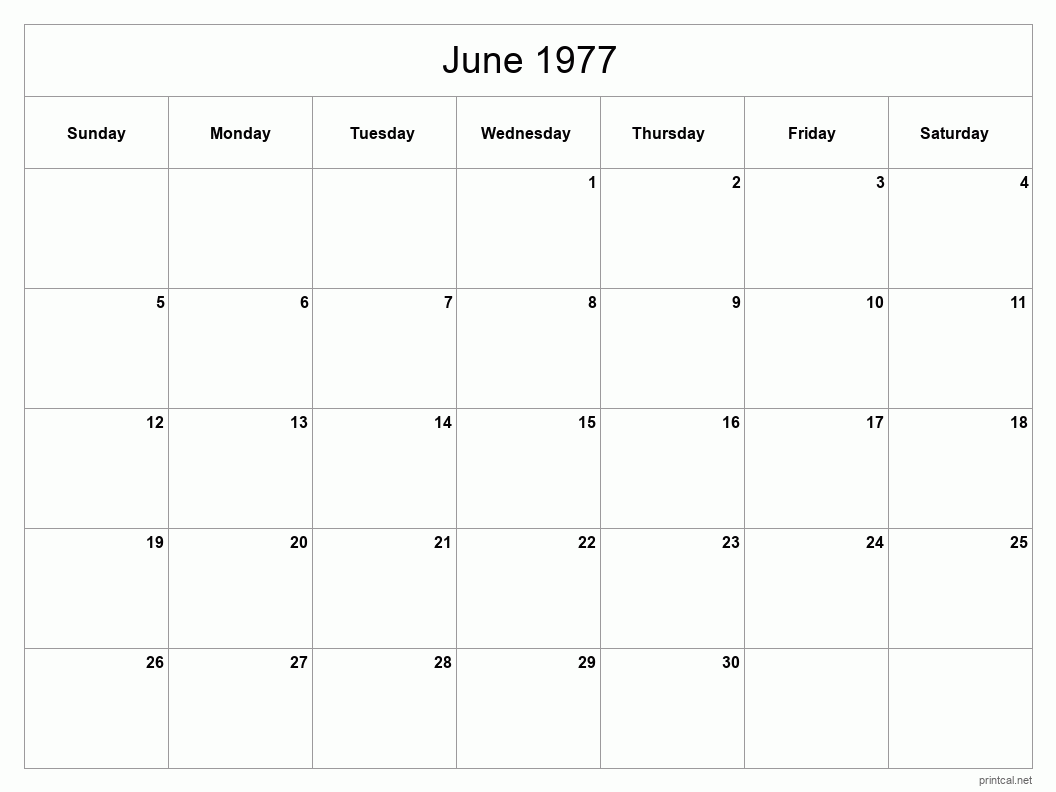 June 1977 Printable Calendar - Classic Blank Sheet