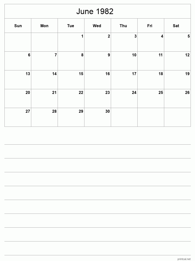 June 1982 Printable Calendar - Half-Page With Notesheet