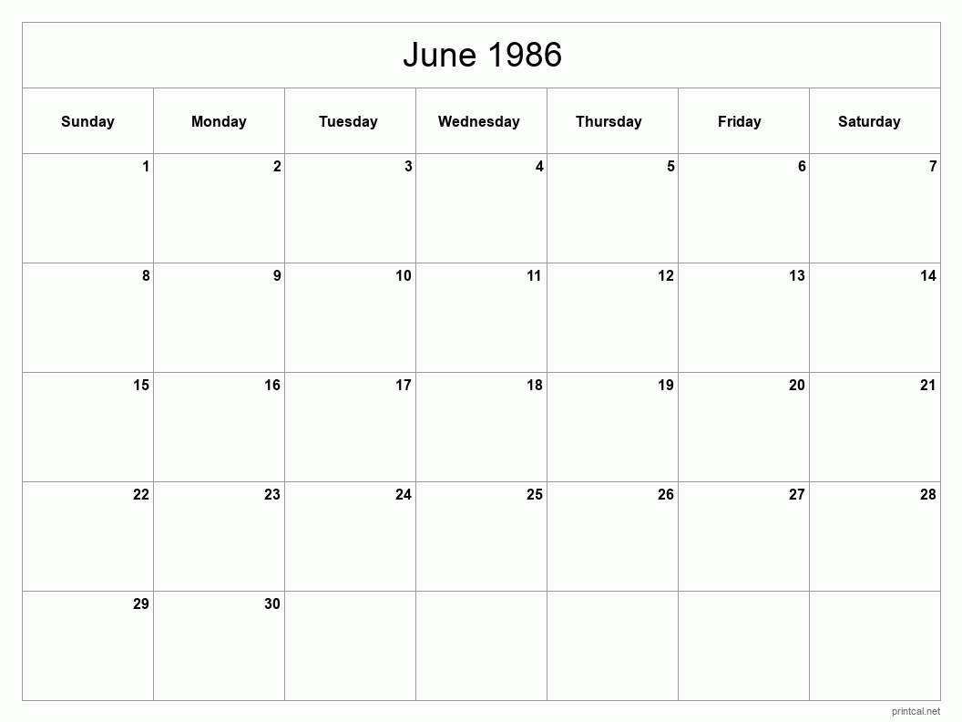 June 1986 Printable Calendar - Classic Blank Sheet