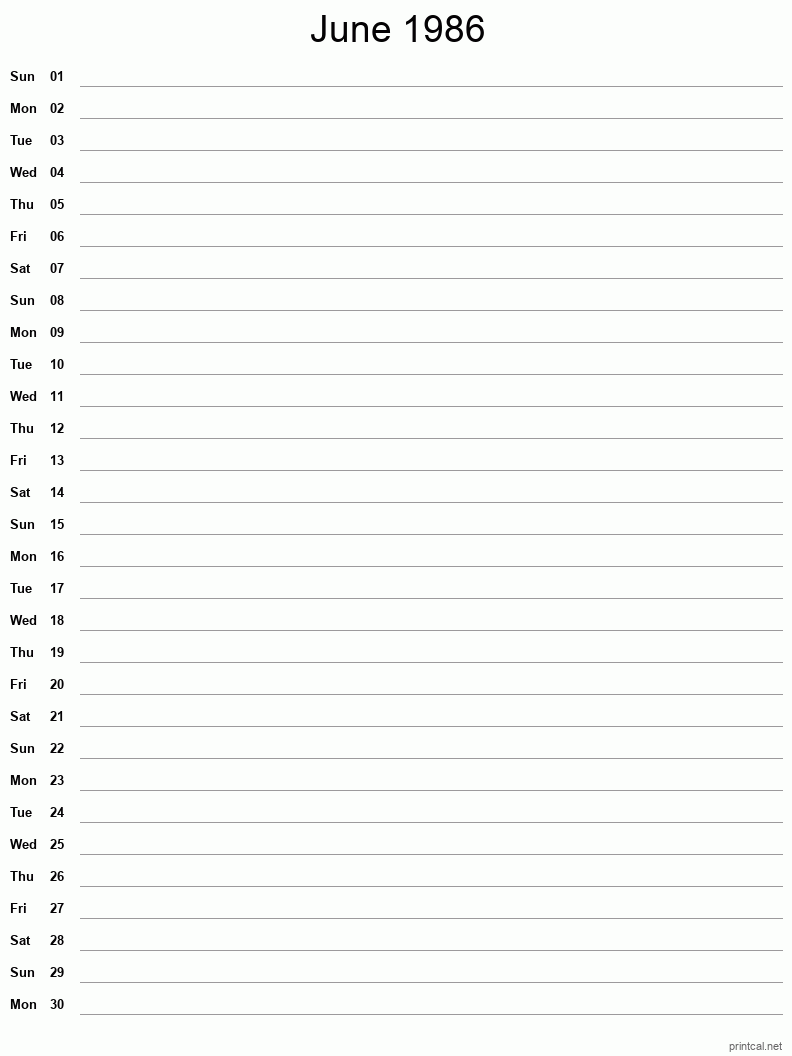 June 1986 Printable Calendar - Single Column Notesheet