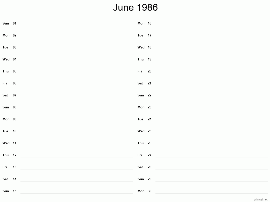 June 1986 Printable Calendar - Two Column Notesheet