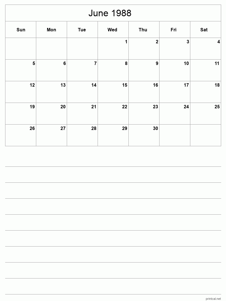 June 1988 Printable Calendar - Half-Page With Notesheet