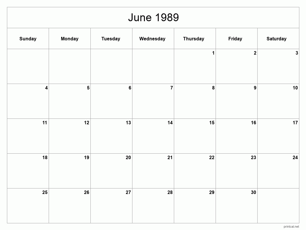 June 1989 Printable Calendar - Classic Blank Sheet