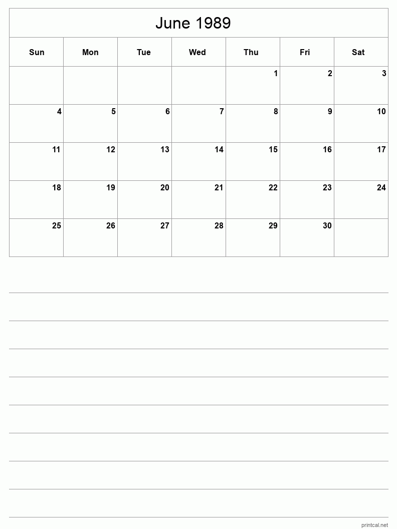 June 1989 Printable Calendar - Half-Page With Notesheet