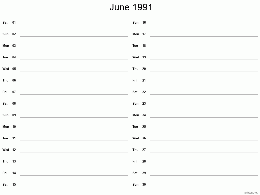 June 1991 Printable Calendar - Two Column Notesheet