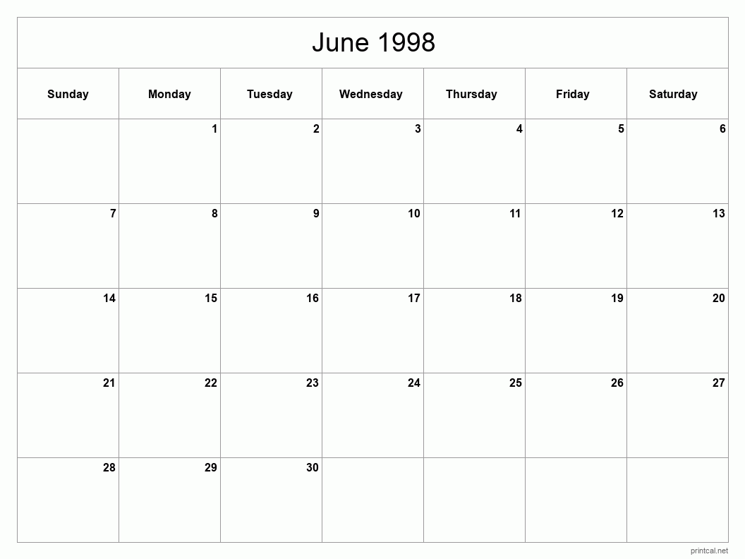 June 1998 Printable Calendar - Classic Blank Sheet