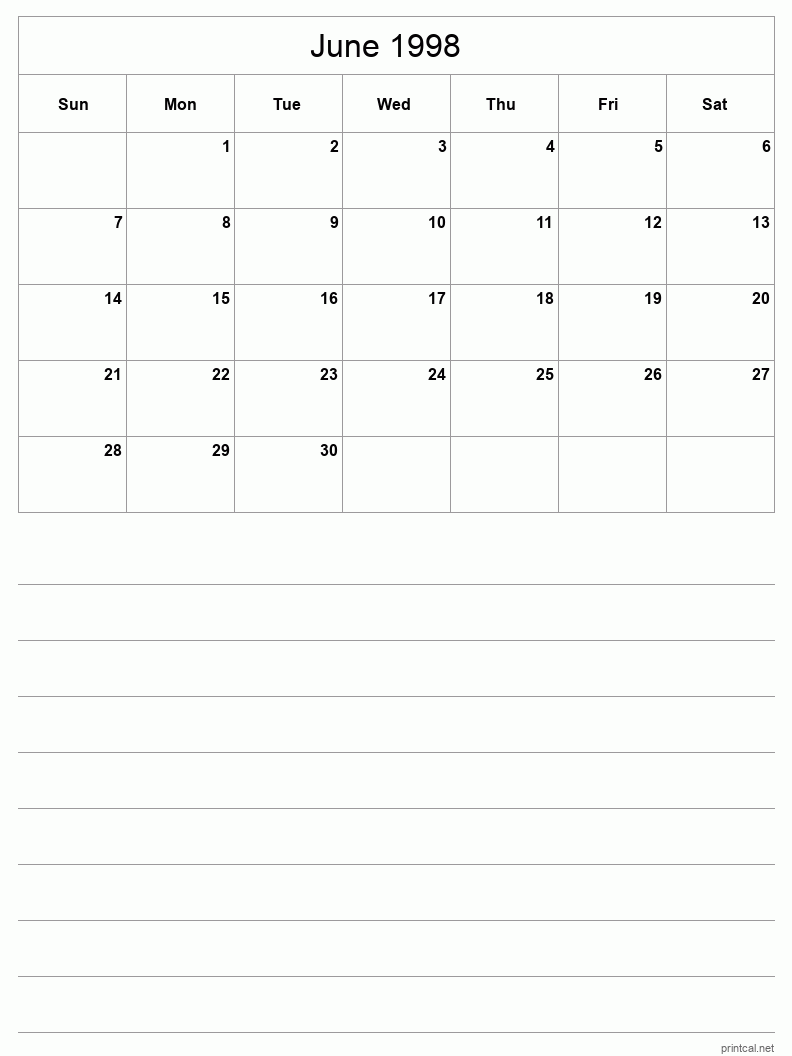 June 1998 Printable Calendar - Half-Page With Notesheet