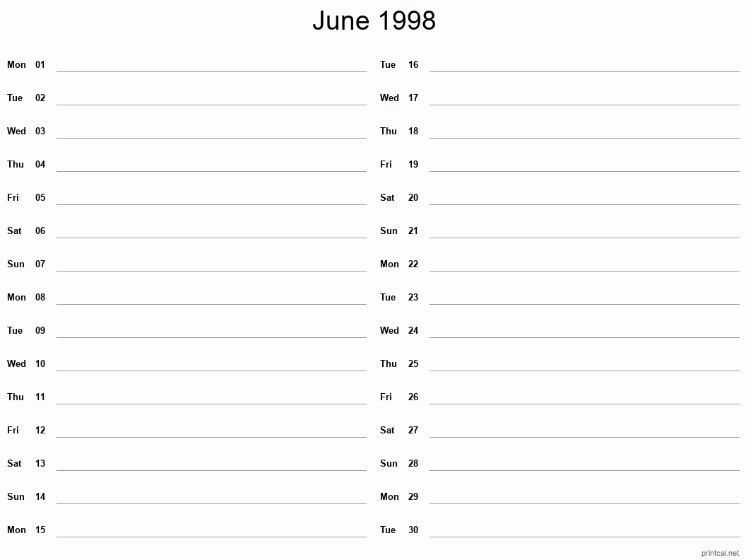 June 1998 Printable Calendar - Two Column Notesheet