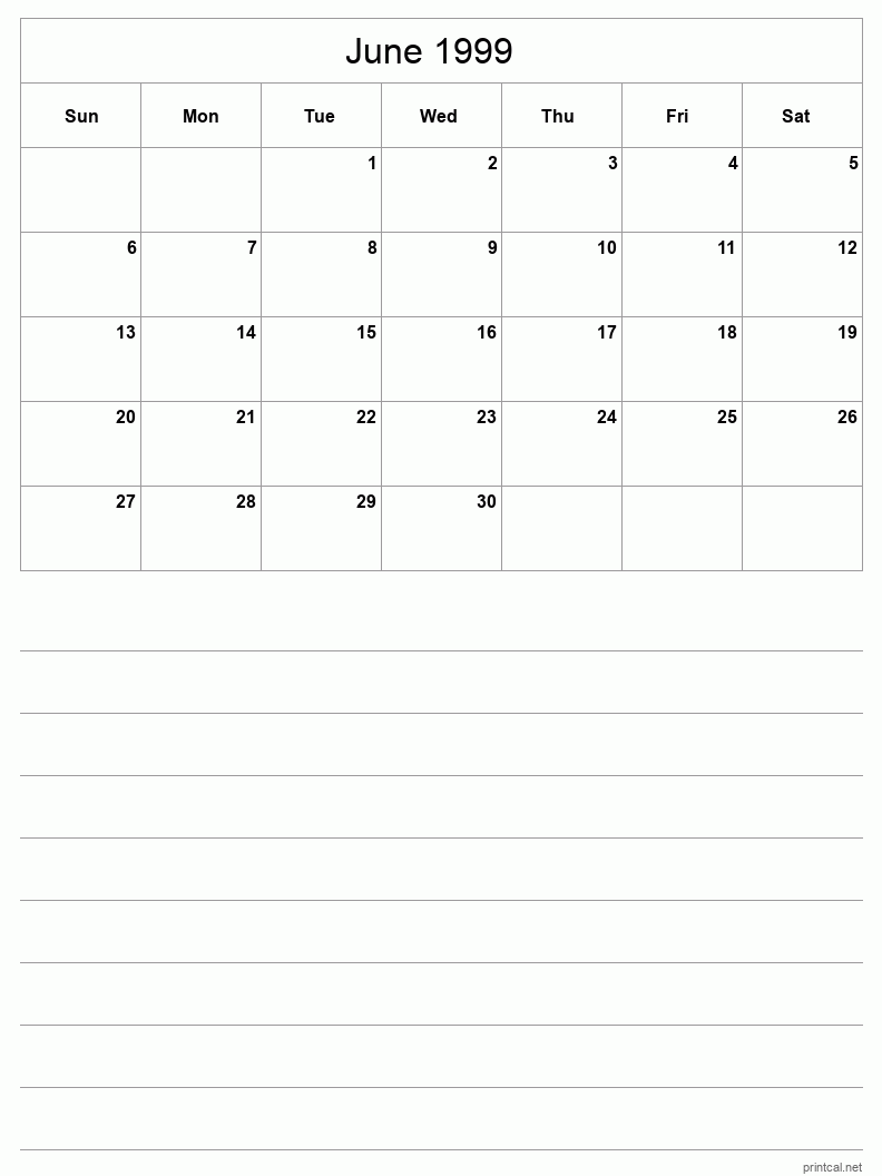 June 1999 Printable Calendar - Half-Page With Notesheet