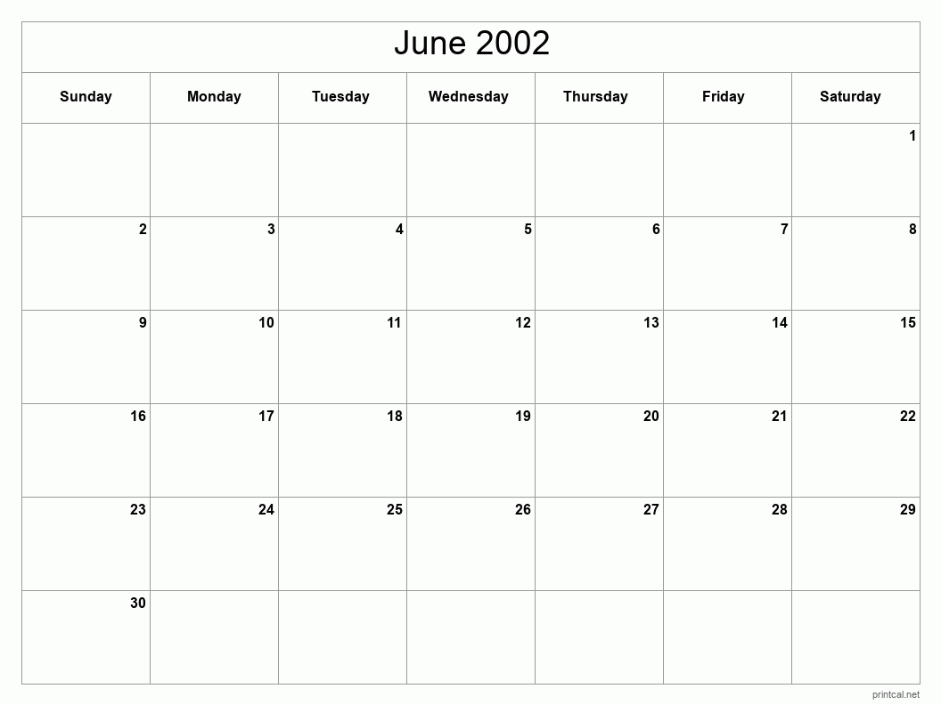 June 2002 Printable Calendar - Classic Blank Sheet