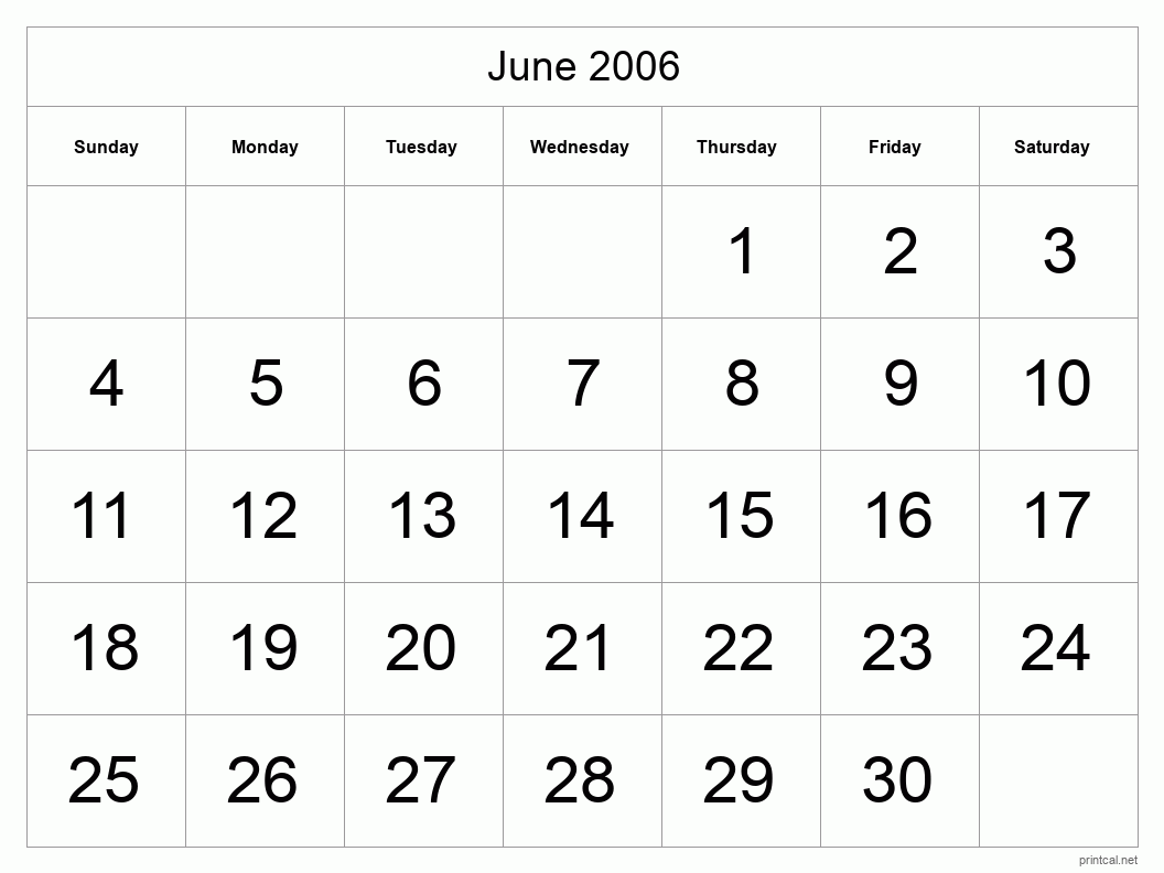 June 2006 Printable Calendar - Big Dates