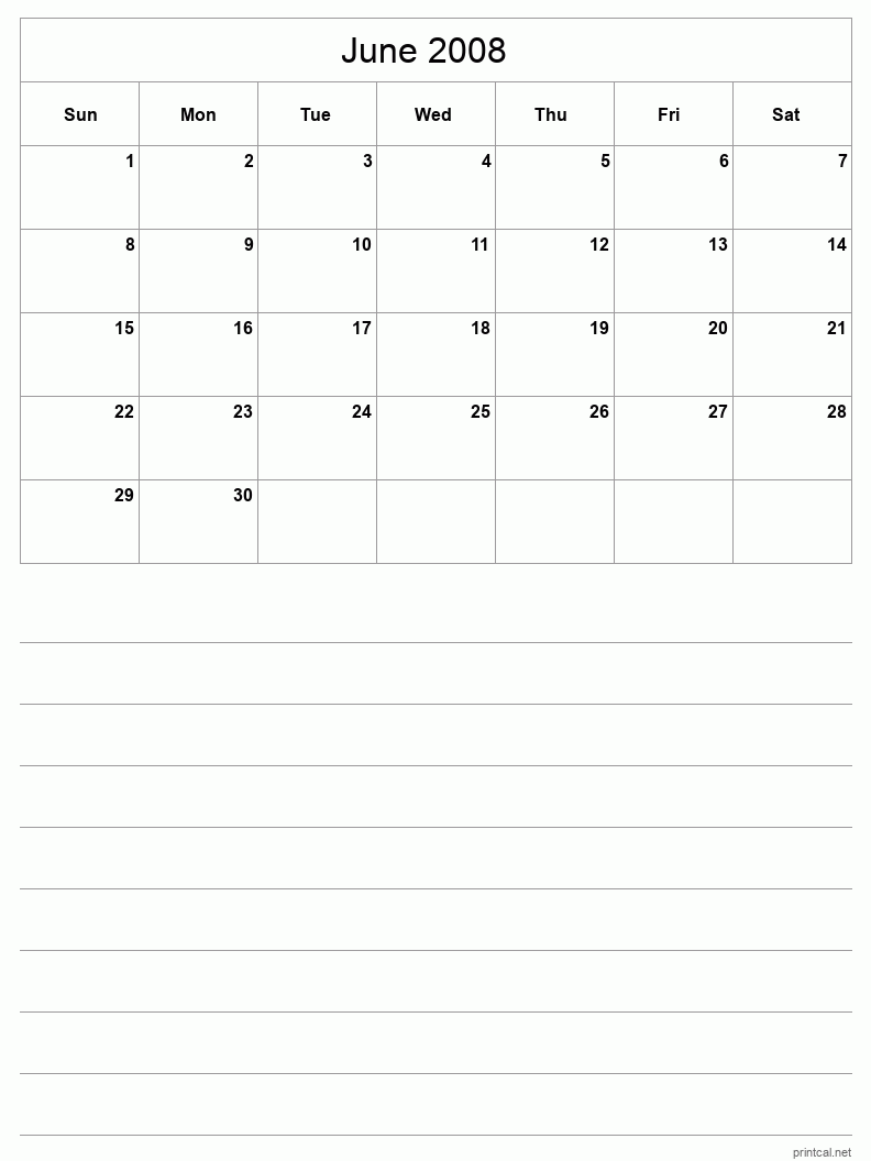 June 2008 Printable Calendar - Half-Page With Notesheet