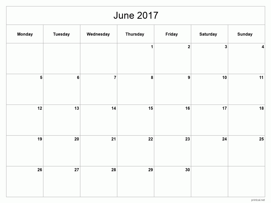 June 2017 Printable Calendar - Classic Blank Sheet