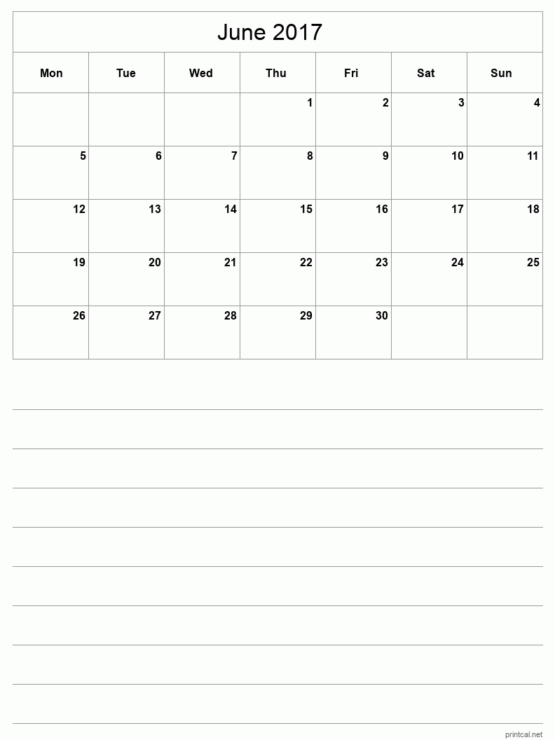 June 2017 Printable Calendar - Half-Page With Notesheet