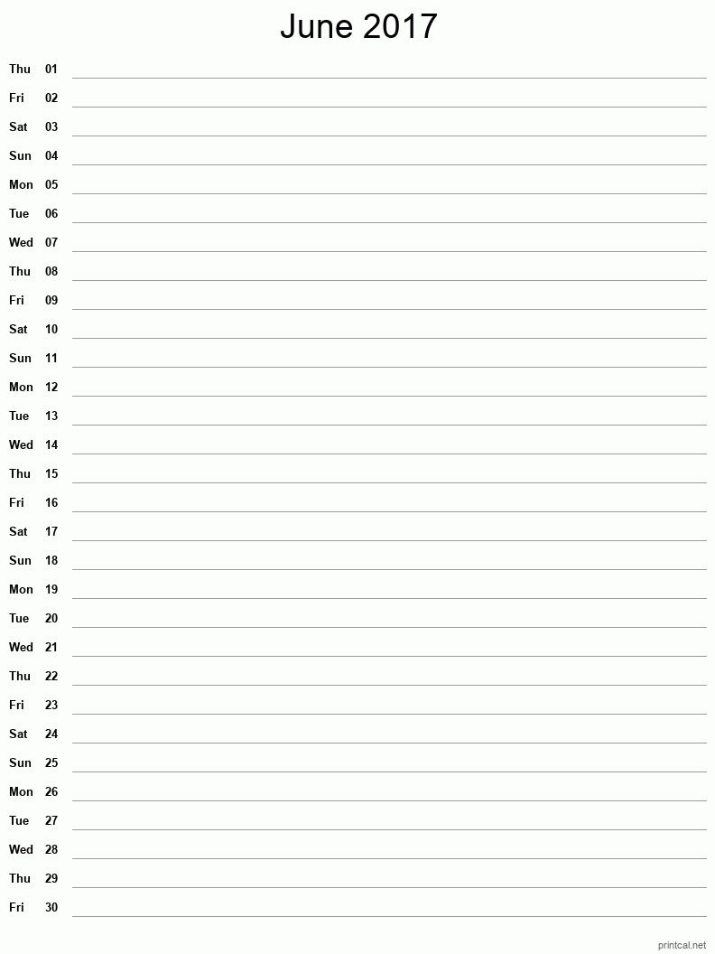 June 2017 Printable Calendar - Single Column Notesheet