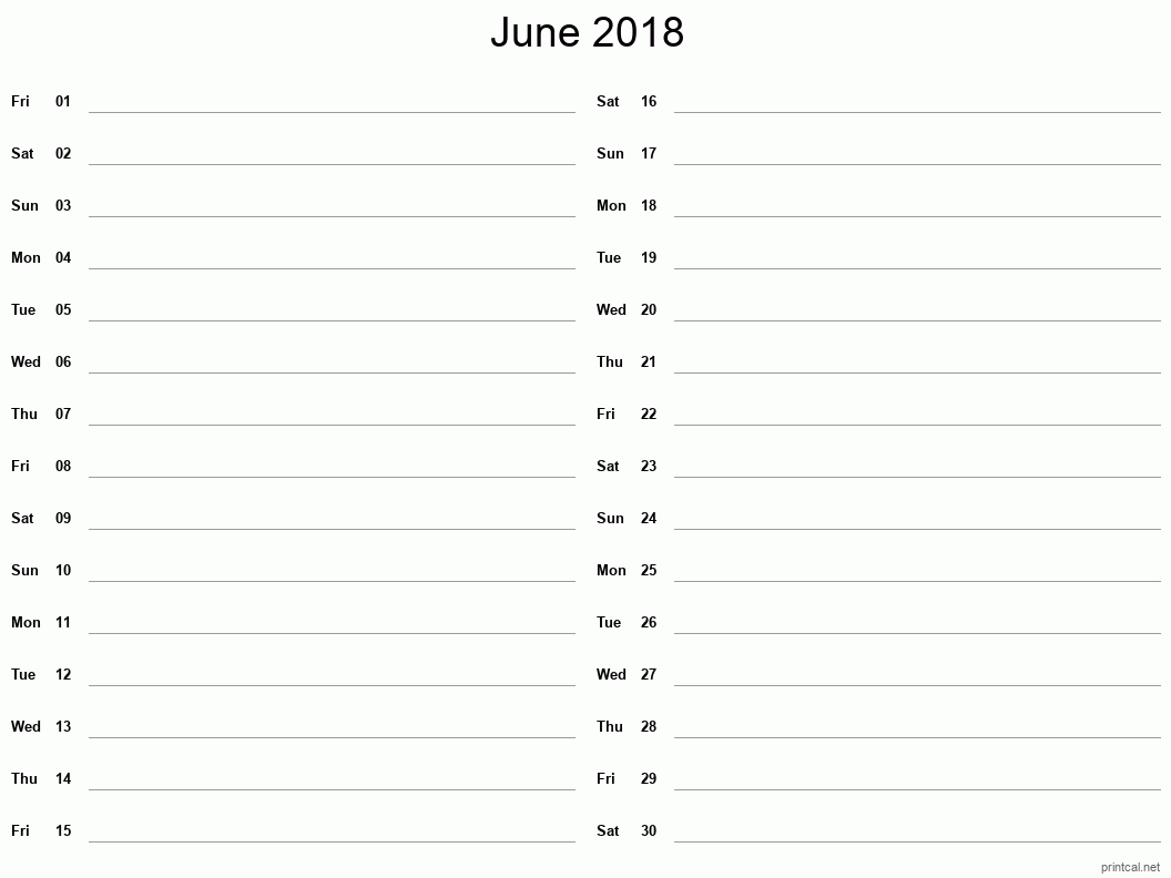 June 2018 Printable Calendar - Two Column Notesheet