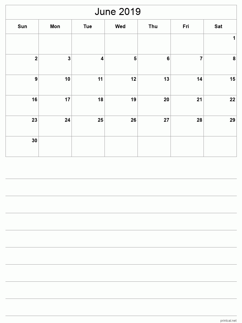 June 2019 Printable Calendar - Half-Page With Notesheet