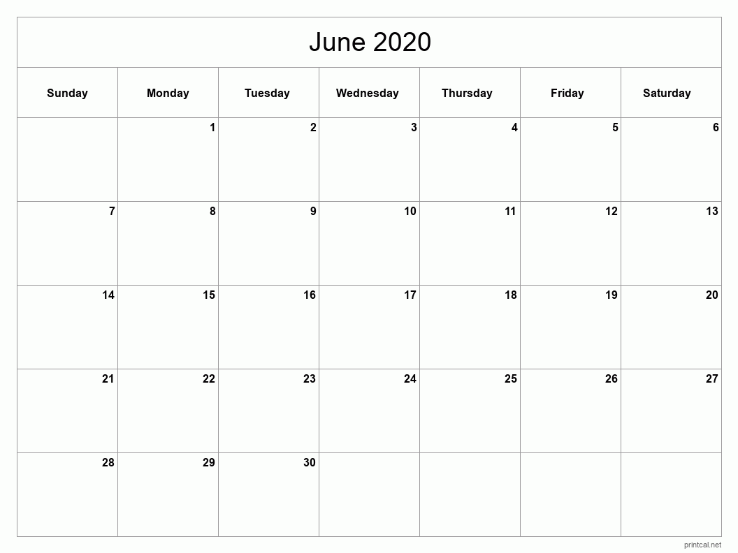 June 2020 Printable Calendar - Classic Blank Sheet
