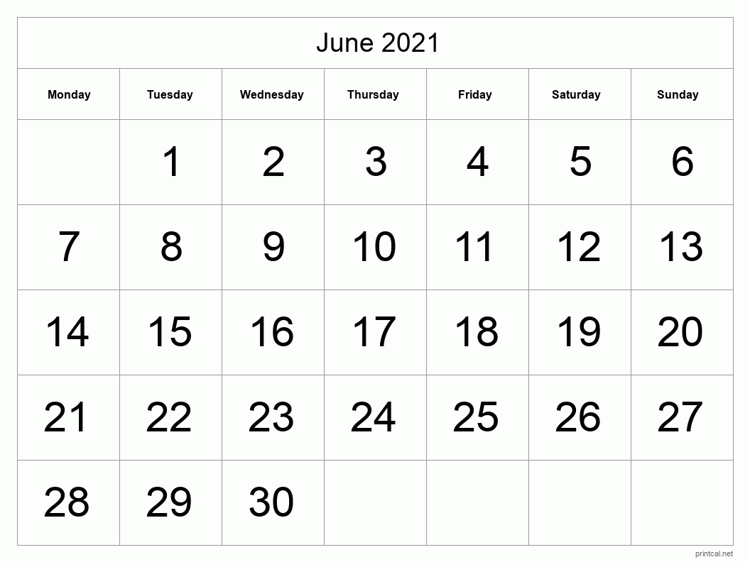 June 2021 Printable Calendar - Big Dates