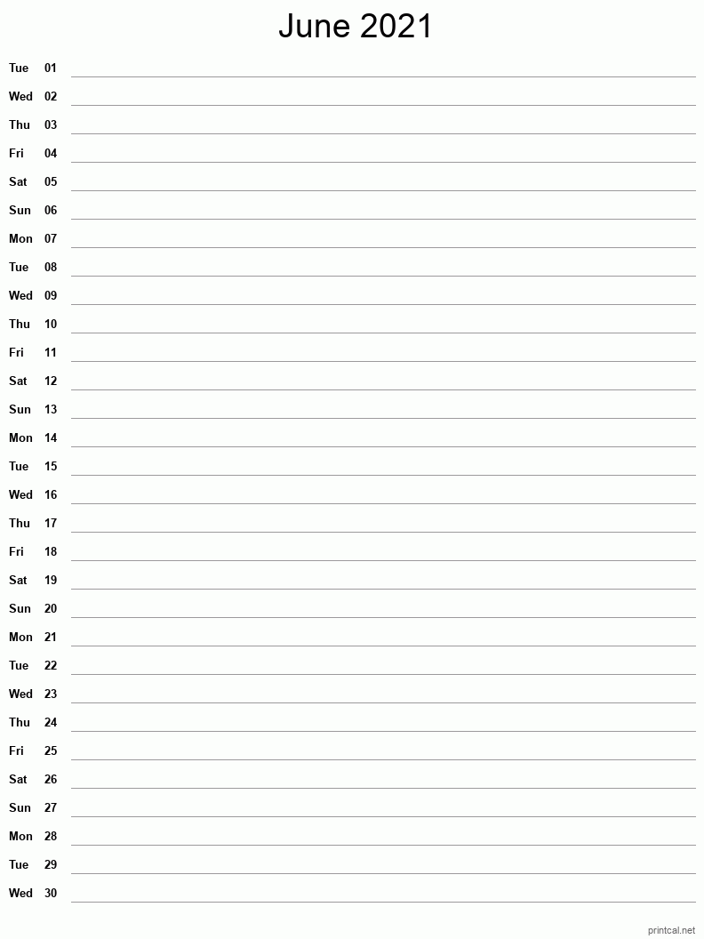 June 2021 Printable Calendar - Single Column Notesheet