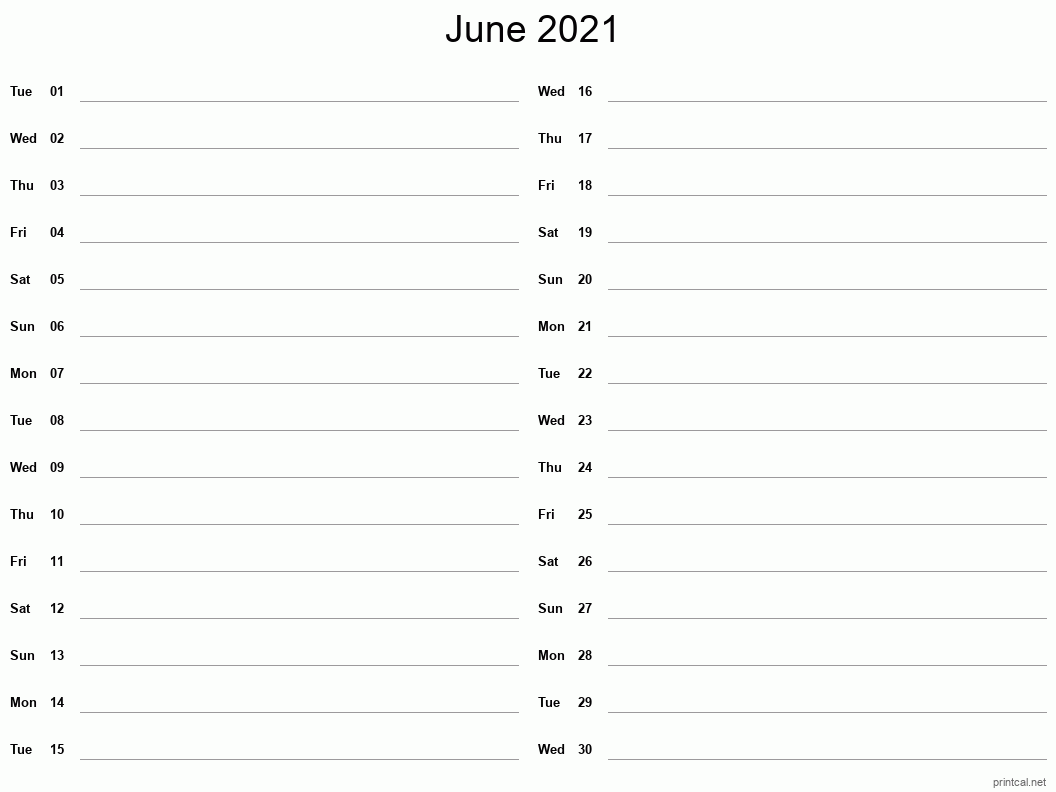 June 2021 Printable Calendar - Two Column Notesheet