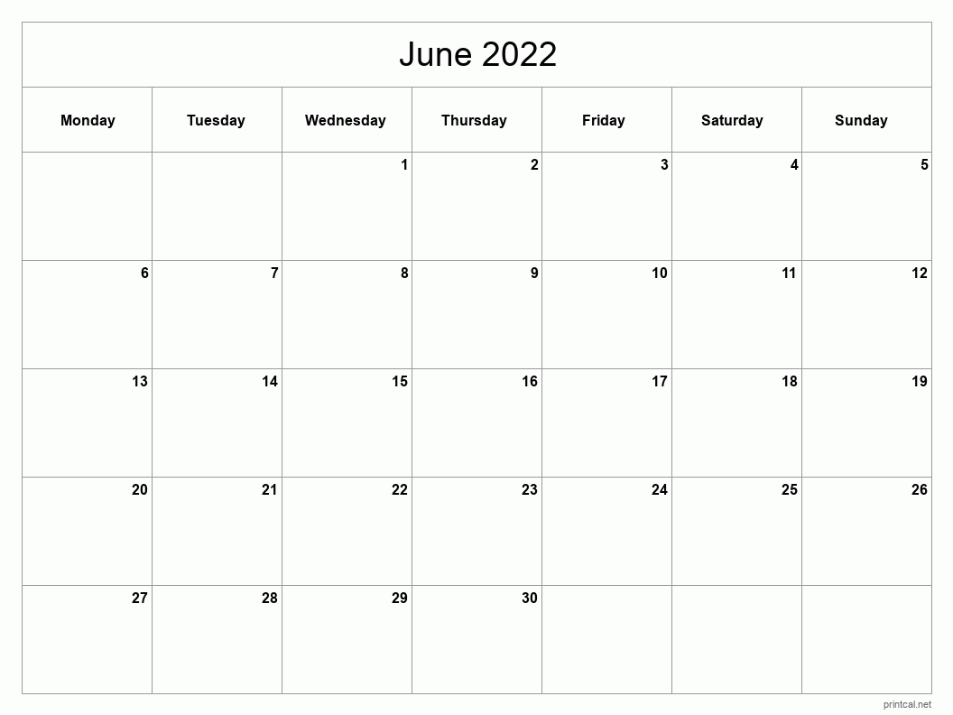 June 2022 Printable Calendar - Classic Blank Sheet