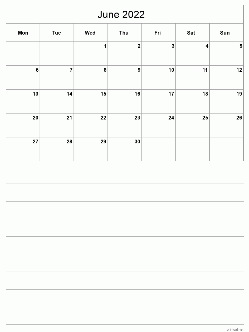 June 2022 Printable Calendar - Half-Page With Notesheet