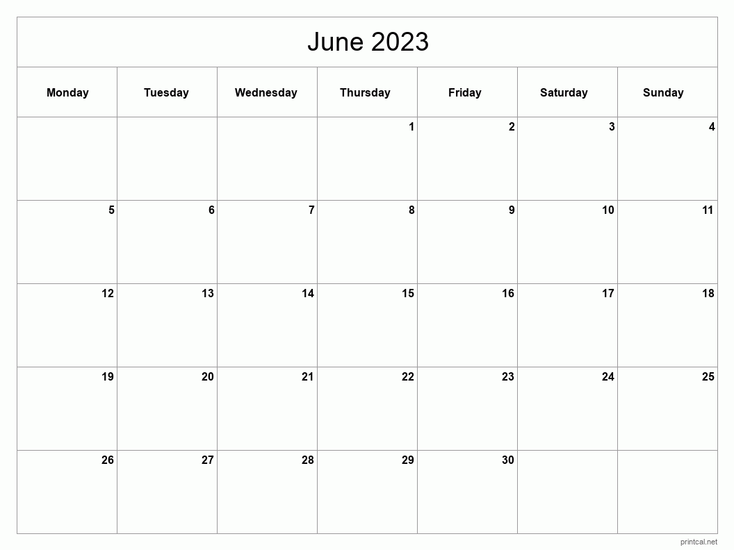 June 2023 Printable Calendar - Classic Blank Sheet