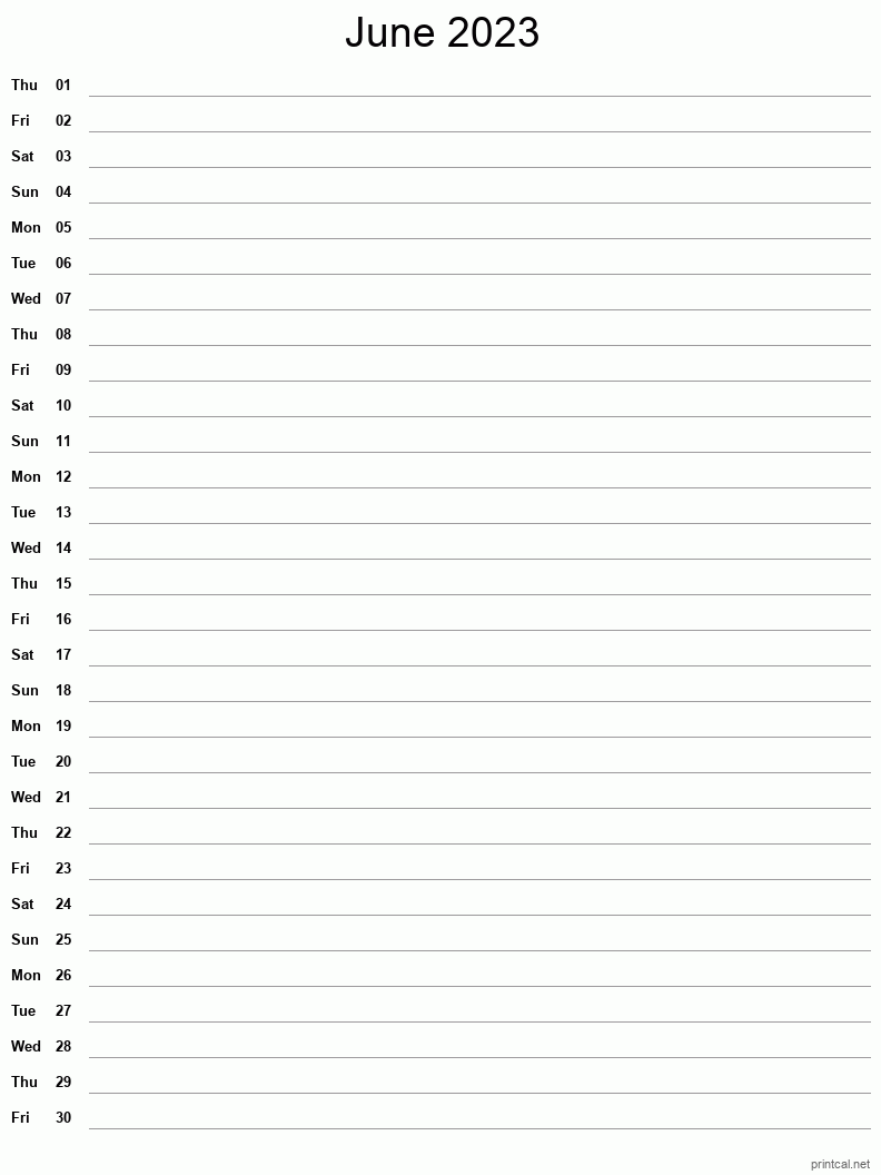 June 2023 Printable Calendar - Single Column Notesheet