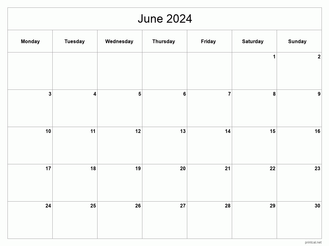 June 2024 Printable Calendar - Classic Blank Sheet