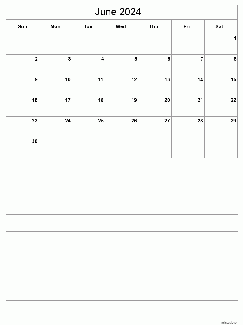 June 2024 Printable Calendar - Half-Page With Notesheet
