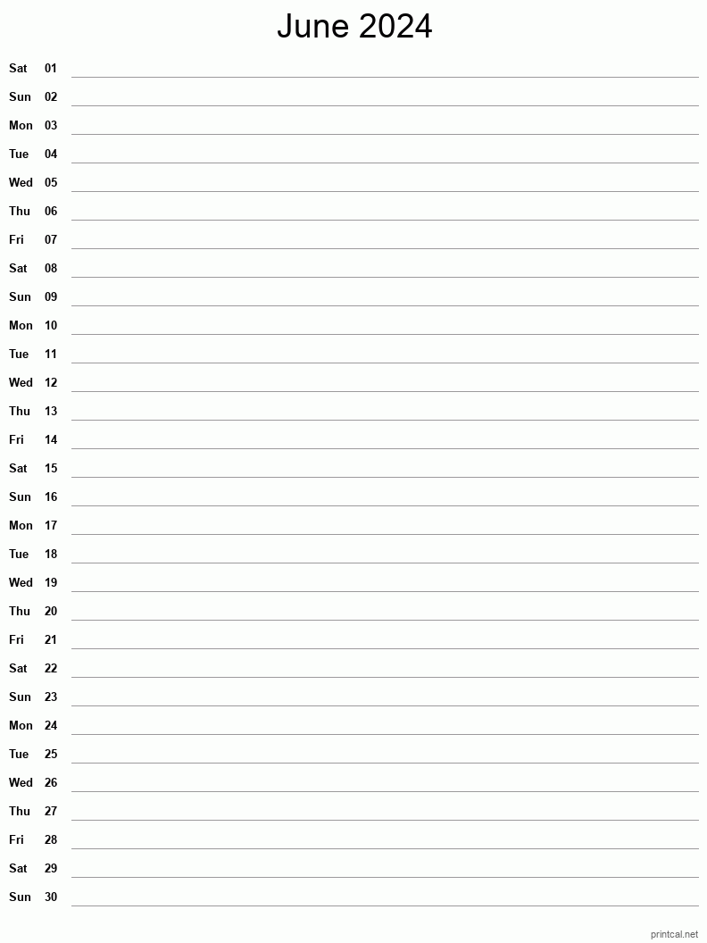 June 2024 Printable Calendar - Single Column Notesheet