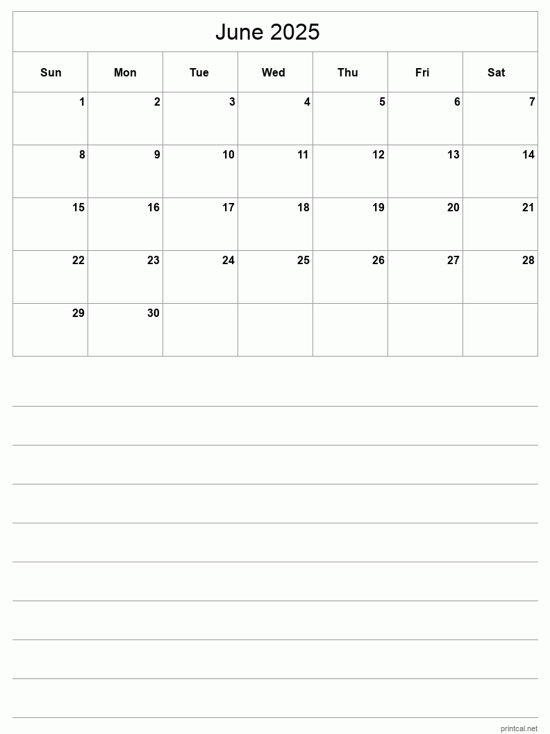 June 2025 Printable Calendar - Half-Page With Notesheet
