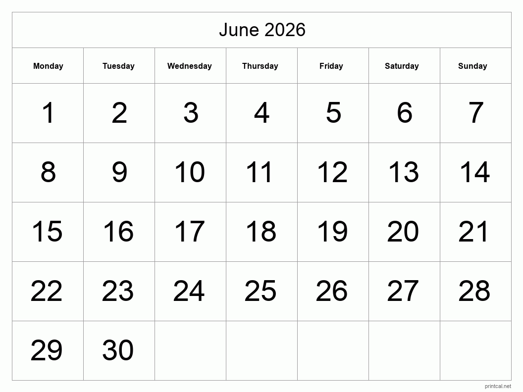 June 2026 Printable Calendar - Big Dates